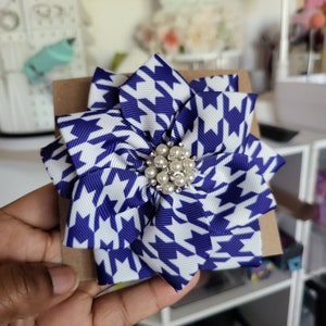 Blue and White Houndstooth Flower Brooch