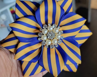 Blue and Gold Striped Flower Brooch