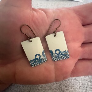 Blue and white rectangular vintage tin earrings
