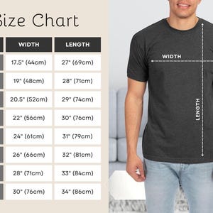 May include: Size chart for a t-shirt with measurements in inches and centimeters. The chart shows the width and length of the shirt in different sizes, from XS to 4XL.