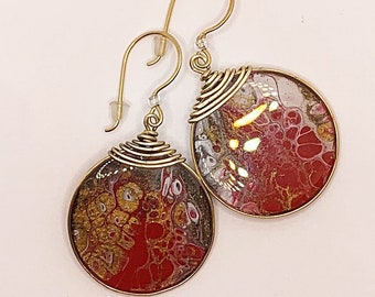 Beautiful, Stylish and Fun Earrings. Red, Gold, Bronze and White, Brass Hand Painted Resin Round Dangle Earrings