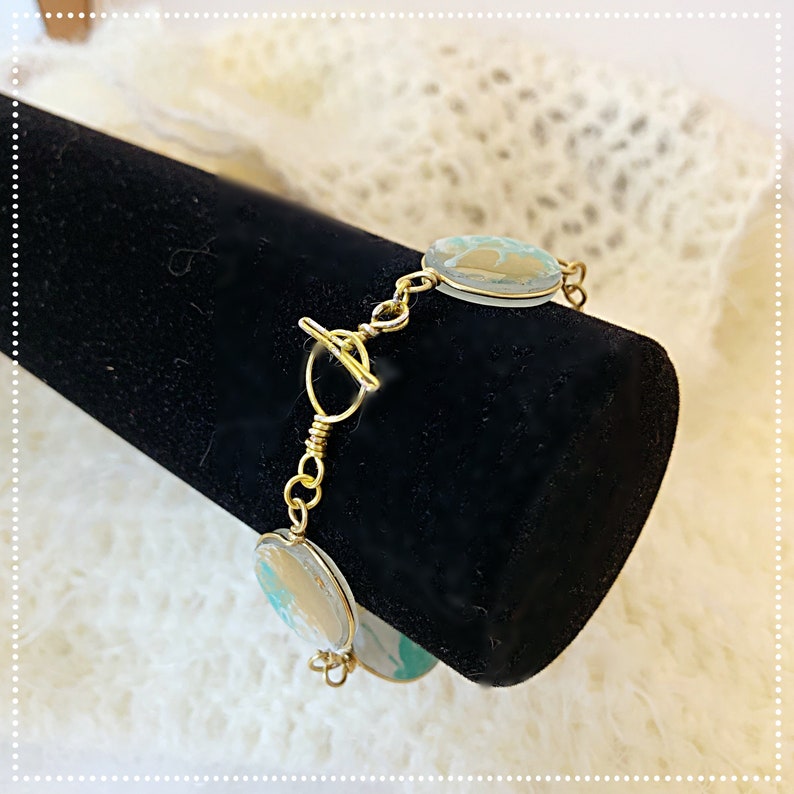 Earrings,Bracelet and Pendent Set Hand Painted Turquoise Gold and White with Brass