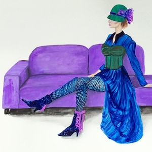 Fancy Lady su divano chaise longue, acquerello originale, arte murale di moda, illustrazione di moda, arte femminile, pittura di stile, arte in stile retrò