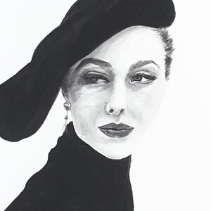 Opere d'arte di moda vintage, pittura ad acquerello originale, ritratto di moda, volto di donna, arte di moda femminile, look vintage, arte in stile retrò