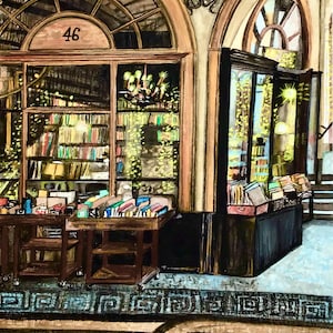 Dipinto di libreria di Parigi, dipinto originale ad acquerello su carta, vetrina, sogno degli amanti dei libri, acquerello di Parigi, opera d'arte per lo shopping a Parigi