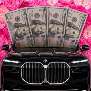 May include: A black luxury car with a chrome grill and headlights, holding four one-hundred dollar bills fanned out. The background is a vibrant display of pink roses, creating a striking contrast.