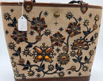 Sac fourre-tout Enid Collins Jewel Garden III vintage des années 1960 en toile de perles et cuir