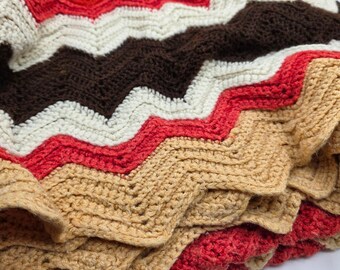 Handmade Crochet Chevron Afghan Blanket Brown Cream Orange Red Large 67x100