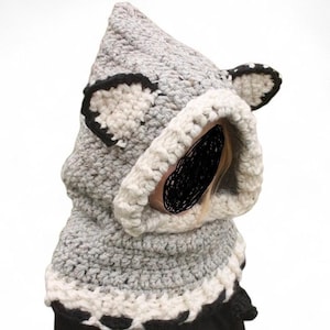Handmade Crochet Animal Ear Balaclava Hood Grey White Black Kid Winter Hat Snood