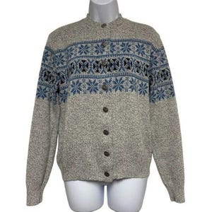 JERSILD Cardigan Sweater Snowflake Nordic Knit Fair Isle Wool Blend Medium