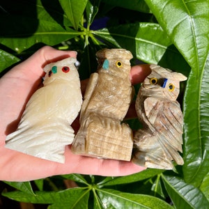 May include: Three carved owl figurines made of different types of stone. The owls have inlaid eyes made of colorful gemstones.