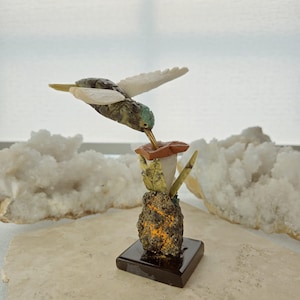 5-6&quot; Green and White Natural Soapstone & Crystal Hummingbird Sculpture | Hand-Carved Crystal Bird | Home Decor Bird | Soap Rock Bird