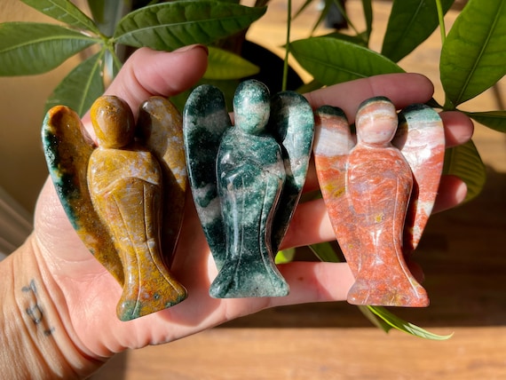 Ocean Jasper Stone Angel Figurine: Calming Altar Crystal