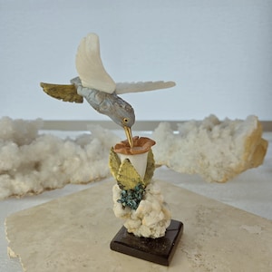 5-6&quot; Light Blue and White Natural Soapstone & Crystal Hummingbird Sculpture | Hand-Carved Crystal Bird | Home Decor Bird | Soap Rock Bird