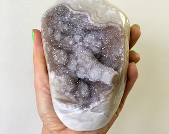 Pale Amethyst Geode with Stand: Uruguay Crystal Decor (5.5”L)