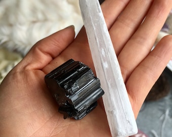 Powerful Protector Crystal Set Duo | Selenite Wand | Black Tourmaline Crystals | Raw Crystals | Crystal Gift | Crystal Set | Gift for Friend