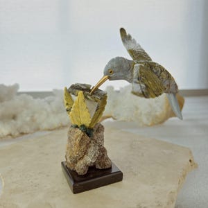 5-6&quot; Light Blue and Green Natural Soapstone & Crystal Hummingbird Sculpture | Hand-Carved Crystal Bird | Home Decor Bird | Soap Rock Bird
