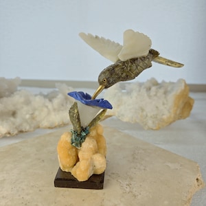 5-6&quot; Green and White Natural Soapstone & Crystal Hummingbird Sculpture | Hand-Carved Crystal Bird | Home Decor Bird | Soap Rock Bird