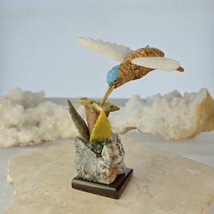 5-6&quot; Blue, Tan, and White Natural Soapstone & Crystal Hummingbird Sculpture | Hand-Carved Crystal Bird | Home Decor Bird | Soap Rock Bird
