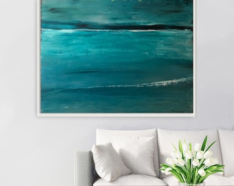 Blue Green Ocean Original Abstract Painting Coastal Contemporary Horizon Landscape