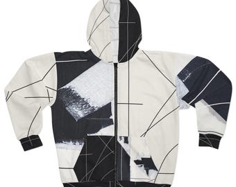Felpa con cappuccio con stampa astratta in bianco e nero / stampa geometrica, unisex