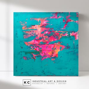 Original Abstract Painting with Bright Neon Teal, Orange, Pink Peeled Paint Textures | Real Paint. Real Canvas. Real Art.
