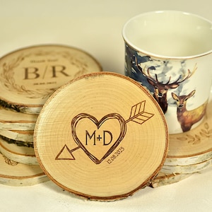 custom Wood Slice Wedding Coasters, Personalized Wedding Thank You Gifts, engraved arrow with heart, Couple's Initials & Wedding Date