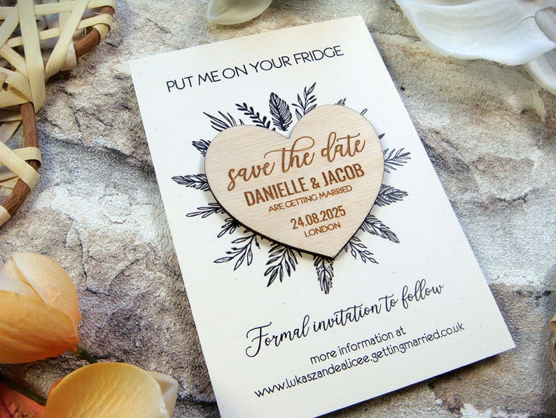 Heart Wedding Magnet Boho Save The Date cards save the date unique heart wedding invitation save the date with wooden magnet