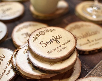 3 in 1! - wedding place cards + cup coasters + gift for guests! custom wood coasters, wood engraved, wedding gifts, name cards wedding