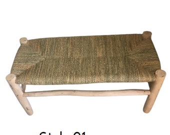Moroccan bench, traditional beldi bench  in solid wood and rattan, Moroccan wood stool, handmade chair, wood moroccan decoration stool