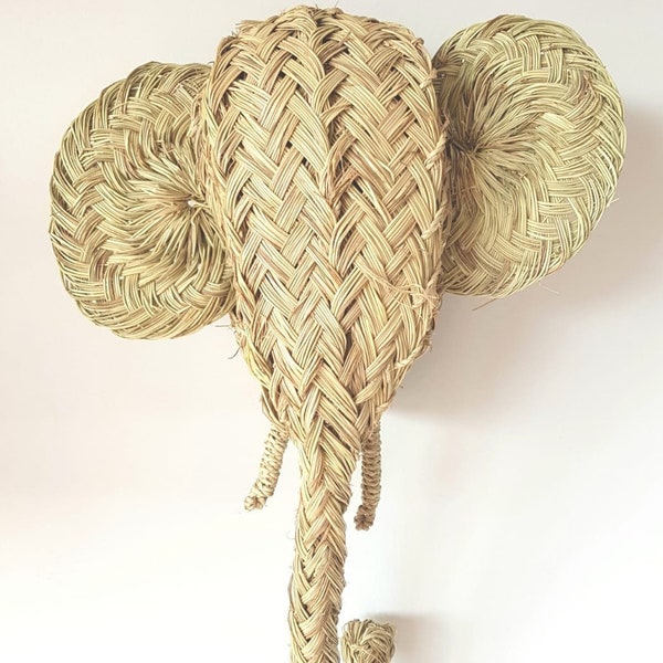 Wicker elephant head, moroccan animal head, natural straw, handwoven animal head, Morocco handicraft, boho style, straw wall decor