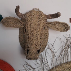 Moroccan straw Cow head, animal head wall decor, faux trophy, wicker wall decor, Rattan handmade, straw rattan head, Christmas decor