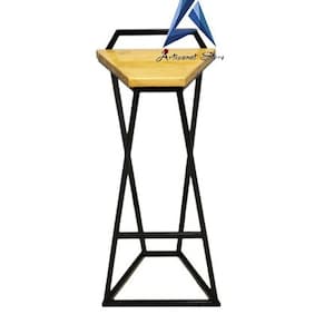 May include: A black metal bar stool with a triangular wooden seat. The stool has a simple, modern design.