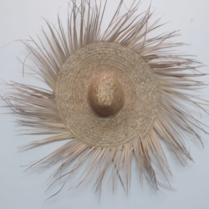 Puede incluir: Un sombrero grande, redondo, de paja con un ala ancha y un borde largo y deshilachado. El sombrero está hecho de paja natural tejida y tiene un color marrón claro.