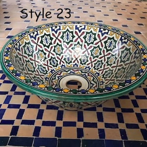 Fregadero artesanal de cerámica marroquí, lavabo redondo pintado a mano, 40, 35, 30 y 25 cm, lavabot marocain, tocador de baño de cerámica