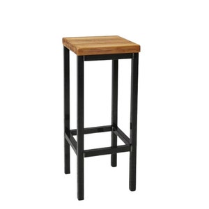 May include: A tall bar stool with a square, light brown wooden seat and a black metal frame. The frame has a simple, geometric design with a footrest. The stool is designed for use at a bar or counter.