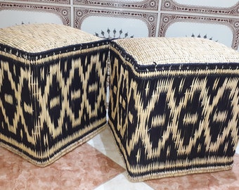 Moroccan Square pouf, Wicker straw Pouf from Morocco, Wicker Ottoman, handmade Moroccan Ottoman, Handmade straw stool