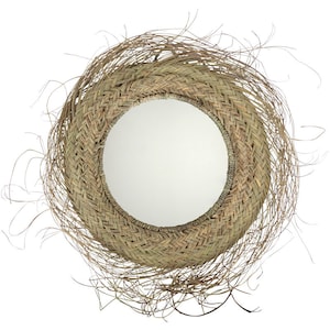 Round wicker mirror, rattan circle , bohemian style, Mirror ethnic Marion, natural fibers, fringes, bamboo, straw, trendy, raffia mirror