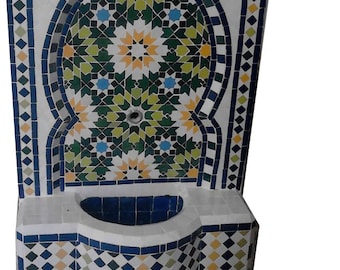 Garden Water Fountain, Moroccan handmade mosaic fountain, tile moroccan fountain, handmade fes mosaic fountain, zellige foutain