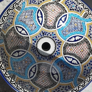 Fregadero artesanal de cerámica marroquí, lavabo redondo pintado a mano, 40, 35, 30 y 25 cm, lavabot marocain, tocador de baño de cerámica