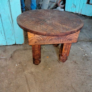 Moroccan handmade wooden table, round coffee table, moroccan berber table, hand painted chic table, hand carved wooden natural furniture,