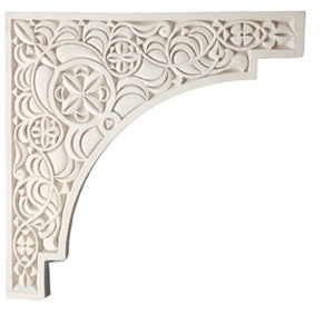 May include: White, intricately carved corner bracket with a decorative, floral design. The bracket is made of a lightweight material and has a smooth, matte finish.
