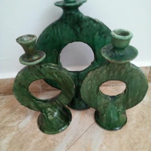 Set of 3 Moroccan Unique rustic Handcrafted bougeoir Tamegroute Green Glazed Pottery, candle stick handmade candle holder