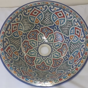 Fregadero artesanal de cerámica marroquí, lavabo redondo pintado a mano, 40, 35, 30 y 25 cm, lavabot marocain, tocador de baño de cerámica