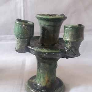 Set of 2 x Moroccan Unique Handcrafted bougeoir with 4 places Tamegroute Green Glazed Pottery, handmade green candle holder Moroccan ceramic