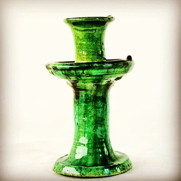 Set of 3 Moroccan Unique Handcrafted bougeoir Tamegroute Green Glazed Pottery, handmade green candle holder, moroccan ceramic candle holder