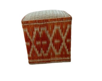 Moroccan Orange Square pouf, Wicker straw Pouf from Morocco, Wicker Ottoman, handmade Moroccan Ottoman, Handmade straw stool