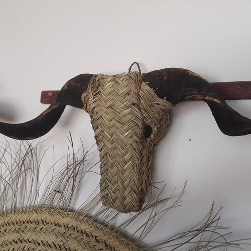 Moroccan Straw Animal Head With Real Horns Animal Head Wall - Etsy