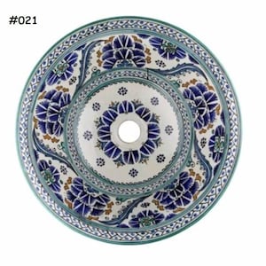 Fregadero hecho a mano de cerámica marroquí, lavabo redondo pintado a mano, 40, 35, 30 y 25 cm, lavabot marroquí, tocador de recipiente de baño de cerámica