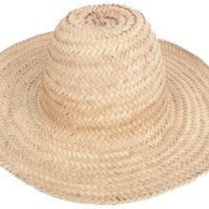 May include: A wide-brimmed straw hat with a tall, pointed crown. The hat is woven from natural straw and has a light brown color.